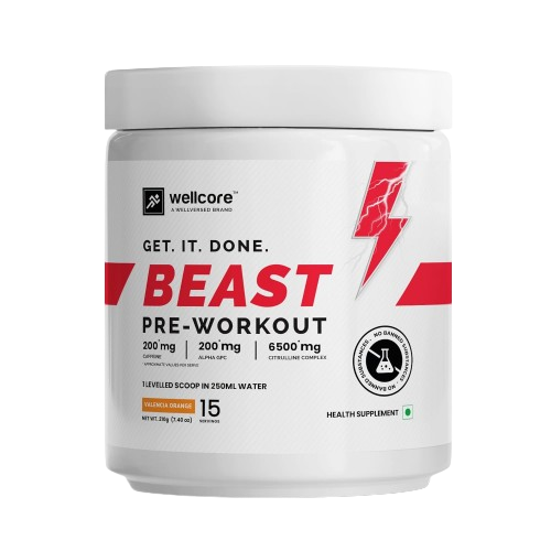 Wellcore - Beast Mode Pre Workout Supplement (210g, 15 Servings) | Valencia Orange | Pre workout For Men & Women With 200 mg Alpha GPC | 200 mg Caffeine...